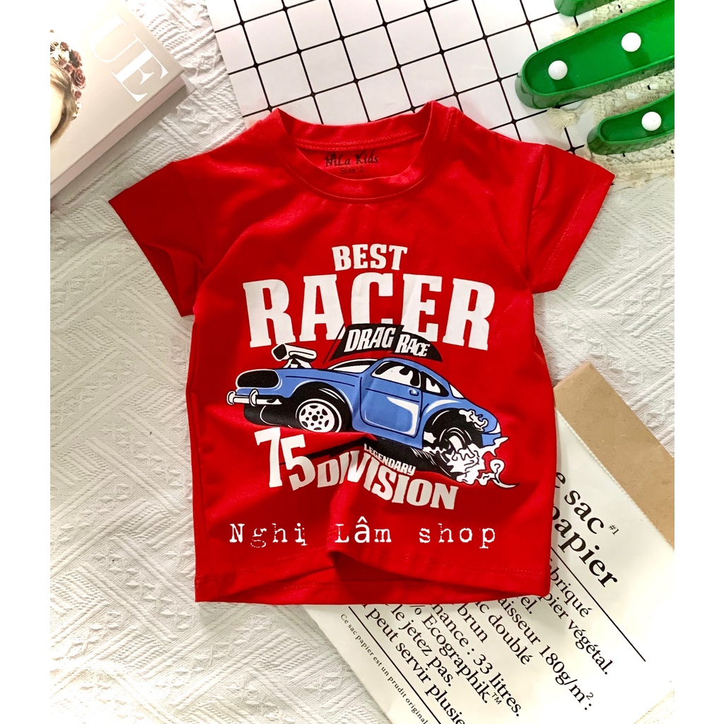 Áo thun ngắn tay bé trai chất liệu thun cotton 100% co giản 4 chiều in hình ô tô cho bé từ 8-36kg