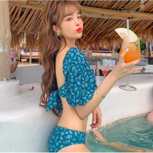Bikini cổ vuông tay phồng hot trend nhún ngực hàng Quảng Châu - Xanh retro