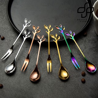 [Moon] Creative Leaf Stainless Coffee Mixing Spoon Fork Kitchen Flatware