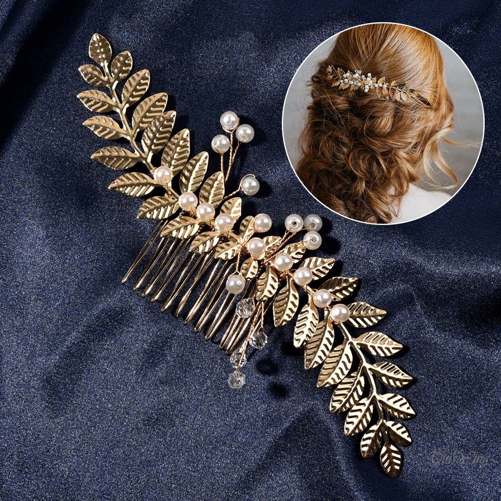 GETNOIVAS Lược Cài Tóc Hình Chiếc Lá Đính Ngọc Trai Giả Thời Trang Dành Cho Cô Dâu