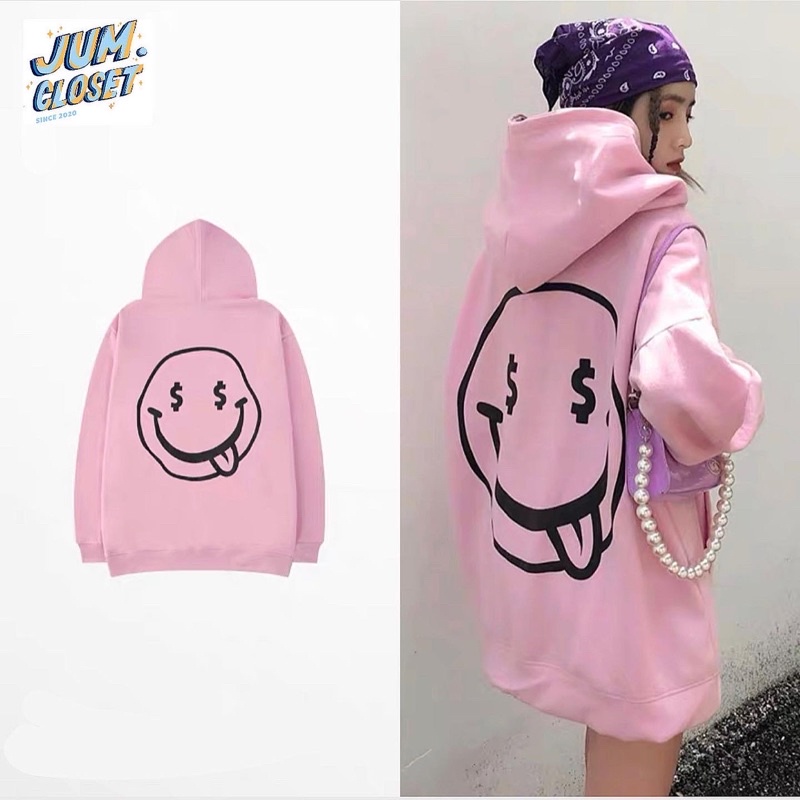 [DEAL SỐC] Áo hoodie nỉ lót lông cao cấp ulzzang nam nữ basic màu hồng hình mặt cười