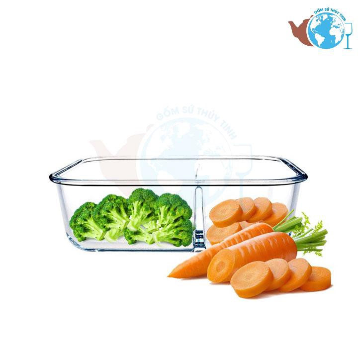 Hộp đựng cơm 2 ngăn chữ nhật - hộp thủy tinh 1 lít đựng thực phẩm BX1001 - Hộp chịu nhiệt cao dùng được lò viba