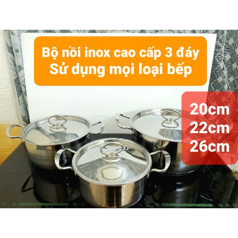 bộ nồi inox 304 bếp từ 3 cái cao cấp 3 đáy