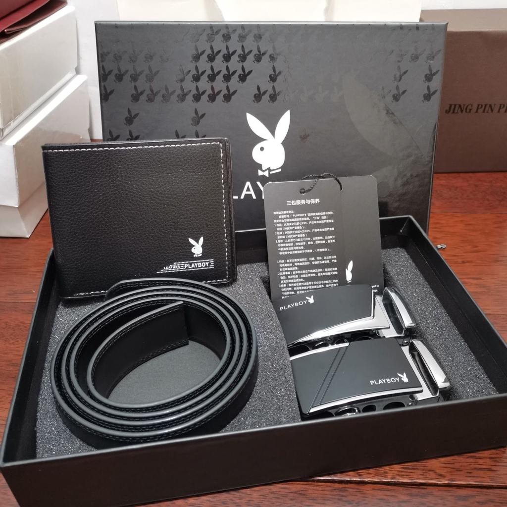 Set Phụ Kiện Playboy Gồm Ví Và Thắt Lưng Da Bò 120cm Nút Đôi Thời Trang Unisex