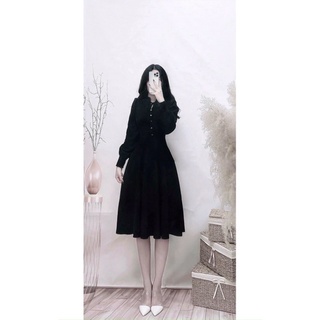 ĐẦM MIDI CỔ TÀU THẮT NƠ PHỐI NÚT [kèm ảnh thật ]