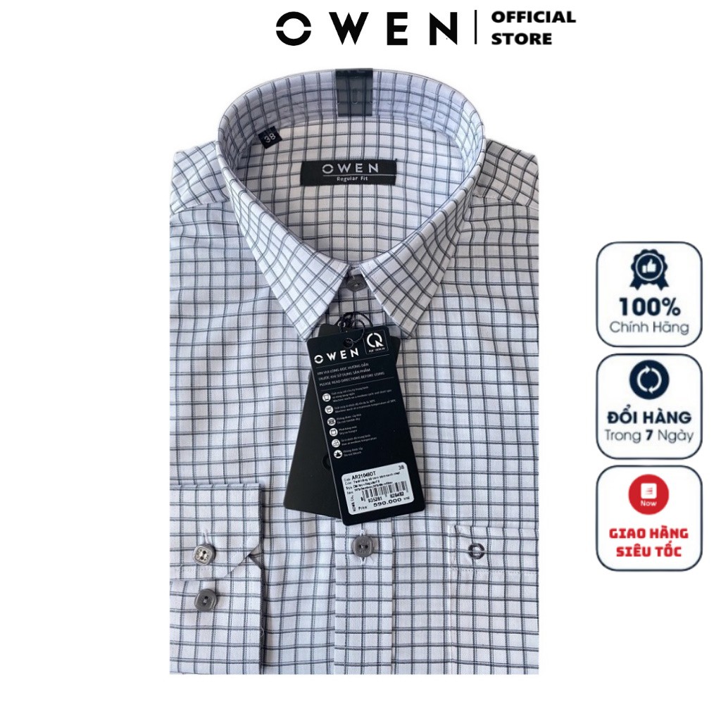 Áo Sơ Mi Nam Tay Dài Owen AR21049DT Dáng Regular Fit Màu Kẻ Caro Xám Xanh Nhạt Vải Sợi Tre
