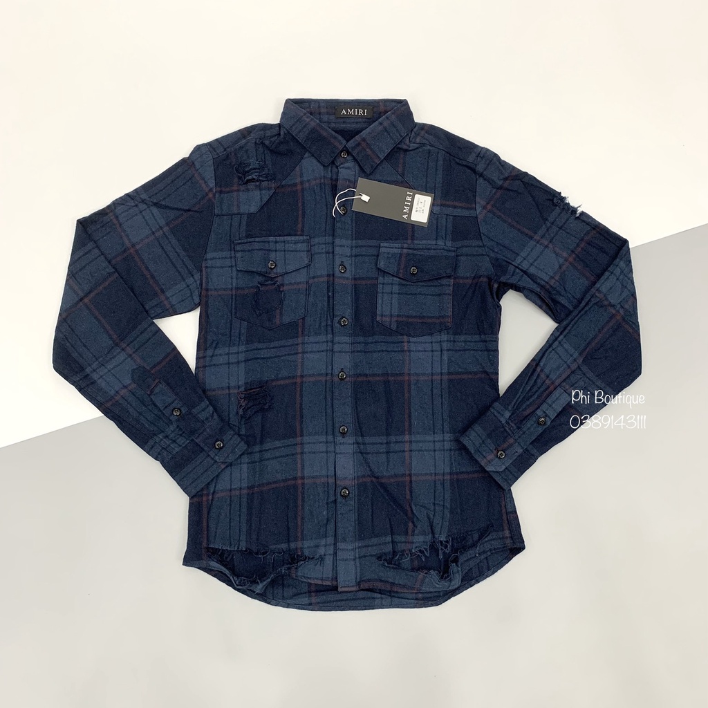 Sơ Mi Kẻ Nam Dài Tay Pha Rách Xước Màu Xanh Thẫm Chất Cotton Cao Cấp