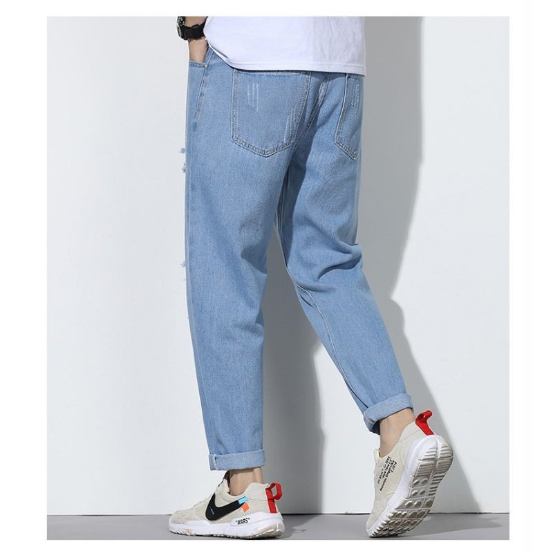 Quần jean rách nam nữ màu xanh baggy mặc hè | BigBuy360 - bigbuy360.vn