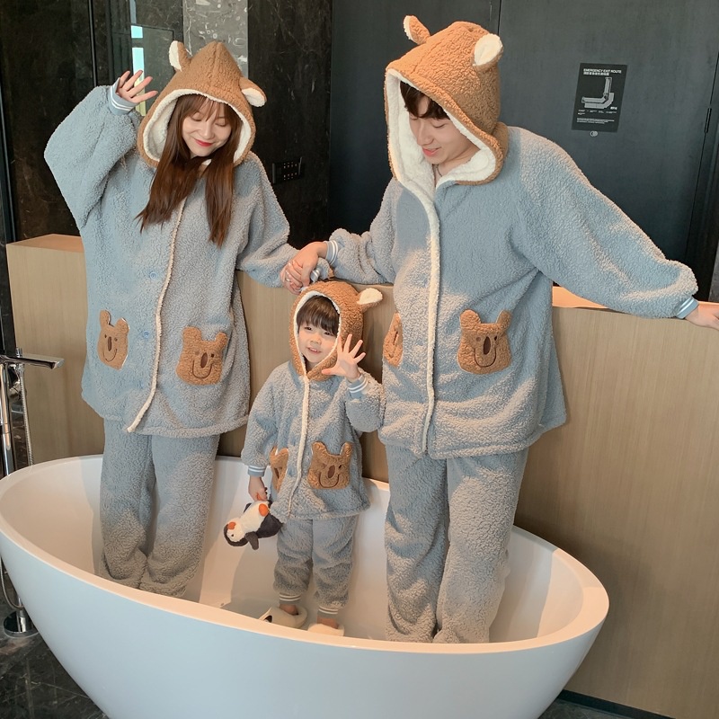 Đồ đôi gia đình bộ đồ ngủ bông xù màu xám hình gấu cute - 322 (có ảnh thật)
