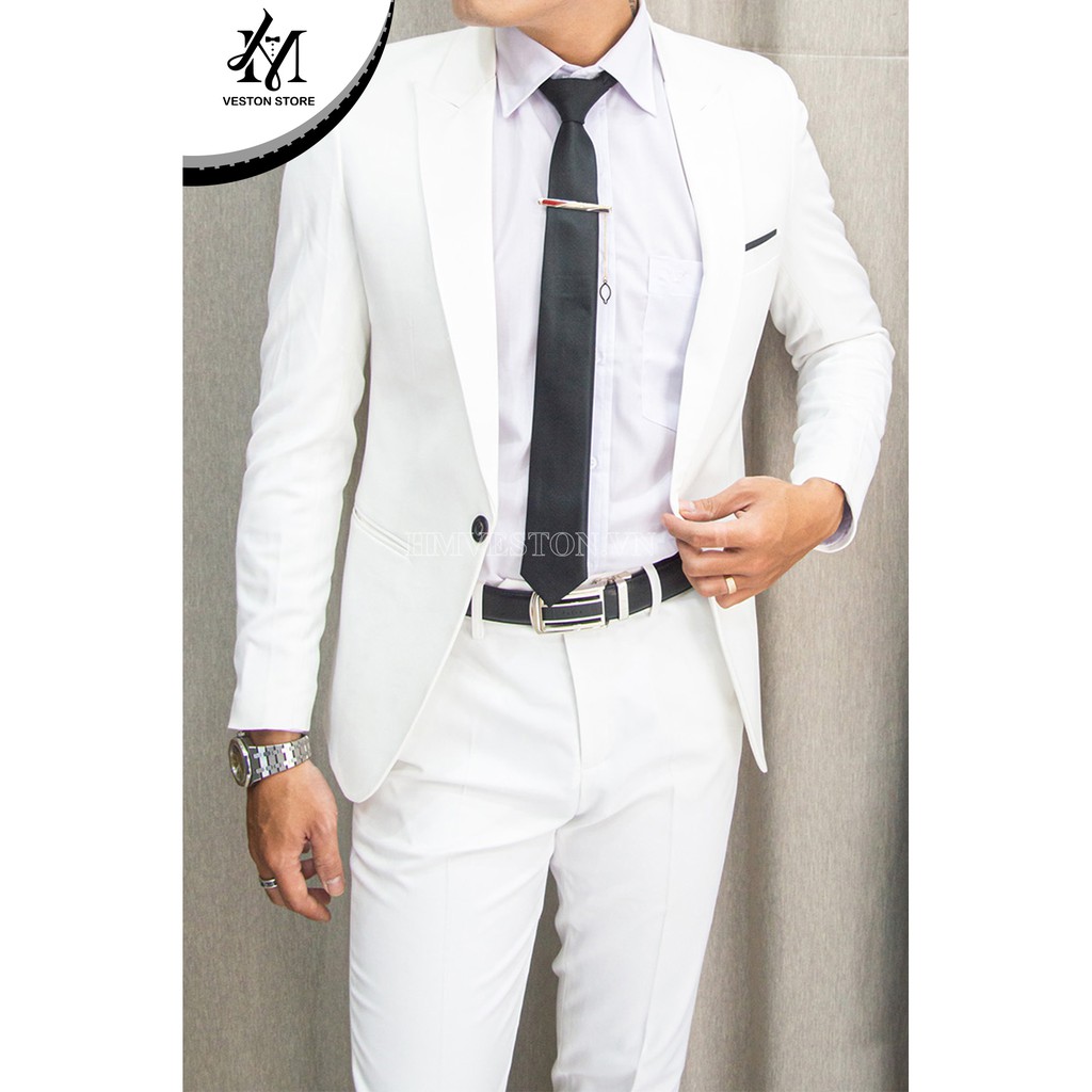 Bộ vest nam ôm body màu trắng tặng kèm cà vạt kẹp