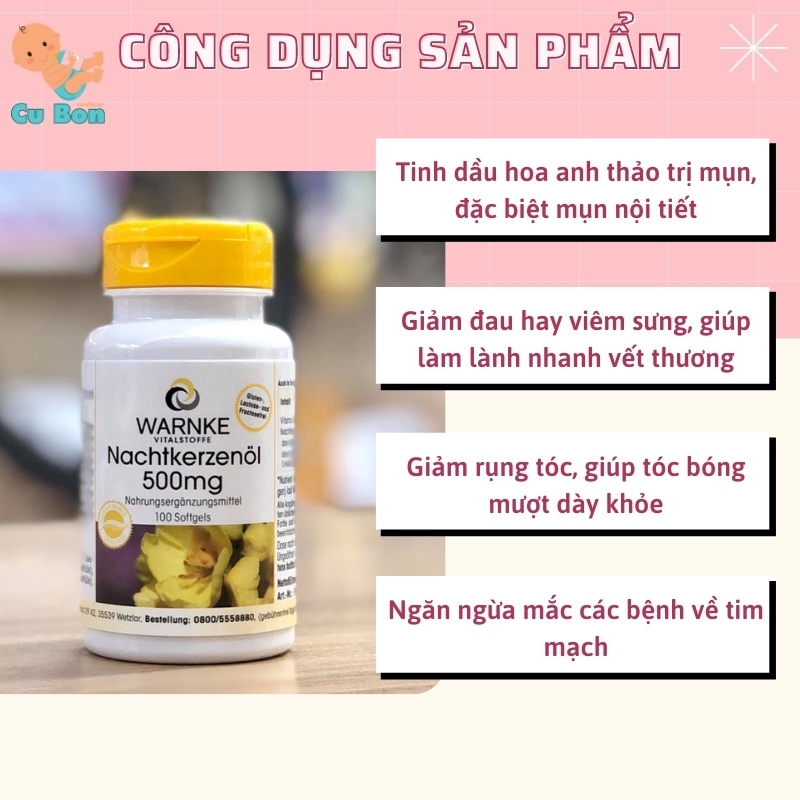 Tinh Dầu Hoa Anh Thảo Đức Warnke Nachtkerzenol 500mg 100 viên giúp làm đẹp da tóc cân bằng nội tiết tốt cho tim mạch