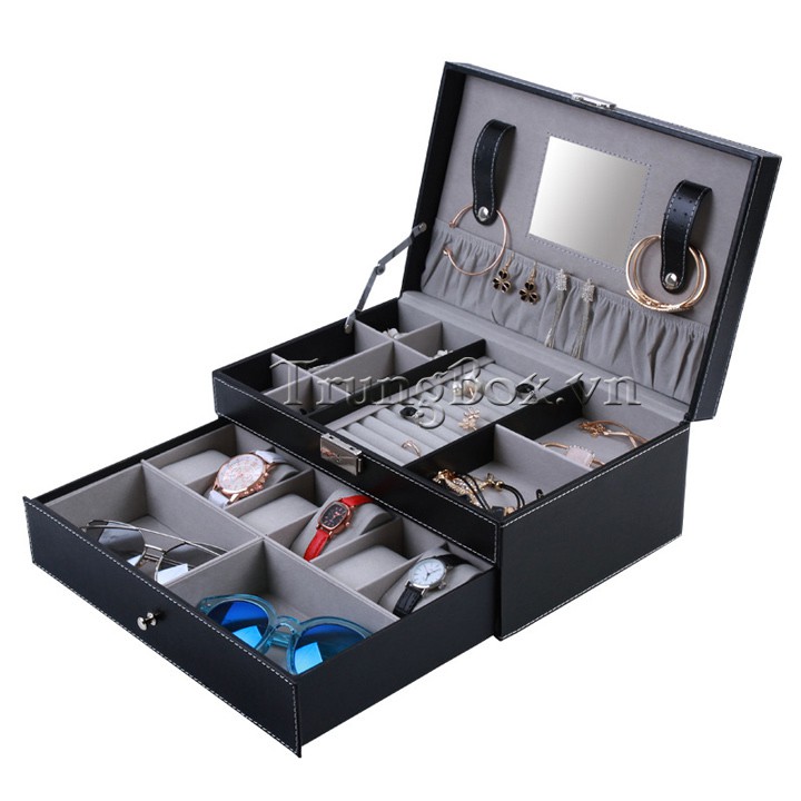Hộp Đựng Đồng Hồ Trang Sức và Kính Mát 2 Tầng Vỏ Da - Mã 617