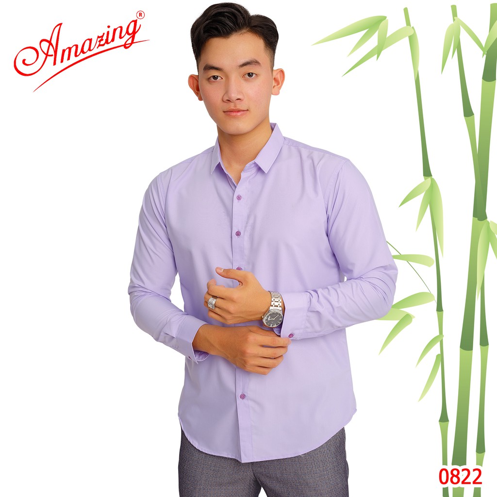 Áo sơ mi màu hồng pastel hiệu Amazing, dáng trẻ chuẩn form slim fit, phong cách Hàn Quốc, siêu phẩm mềm mịn mướt