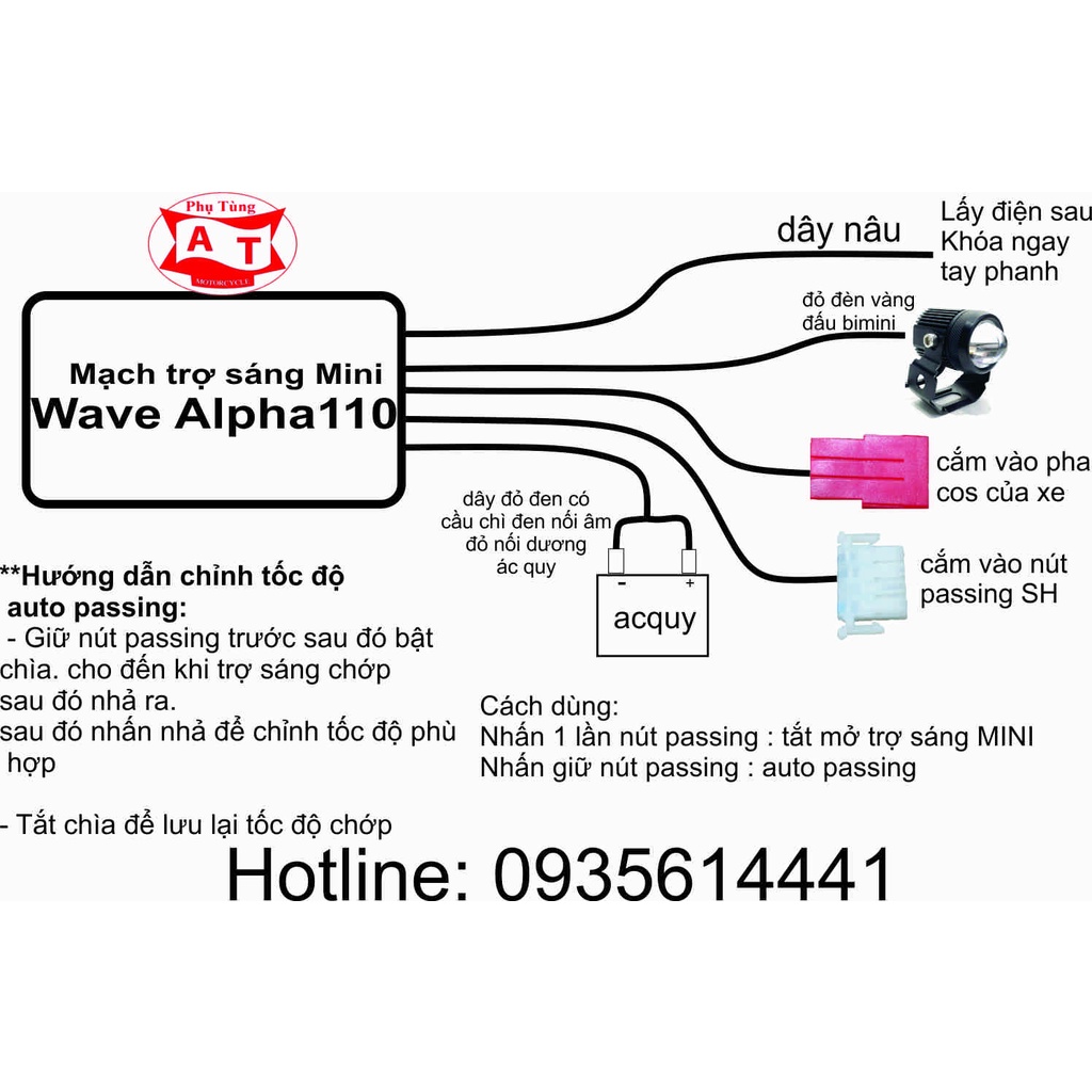 Mạch Passing Bi Mini Cho Xe WAVE A 110 WAVE RSX Dùng Trên Công Tắc Passing Sh Bấm giắc cos đầy đủ theo xe