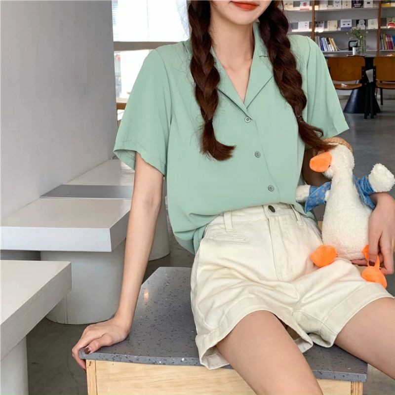 [Mã FAMARAL2 giảm 10K đơn 50K] Áo Sơ Mi Tay Ngắn Cổ Bẻ Phong Cách Retro Hàn Quốc
