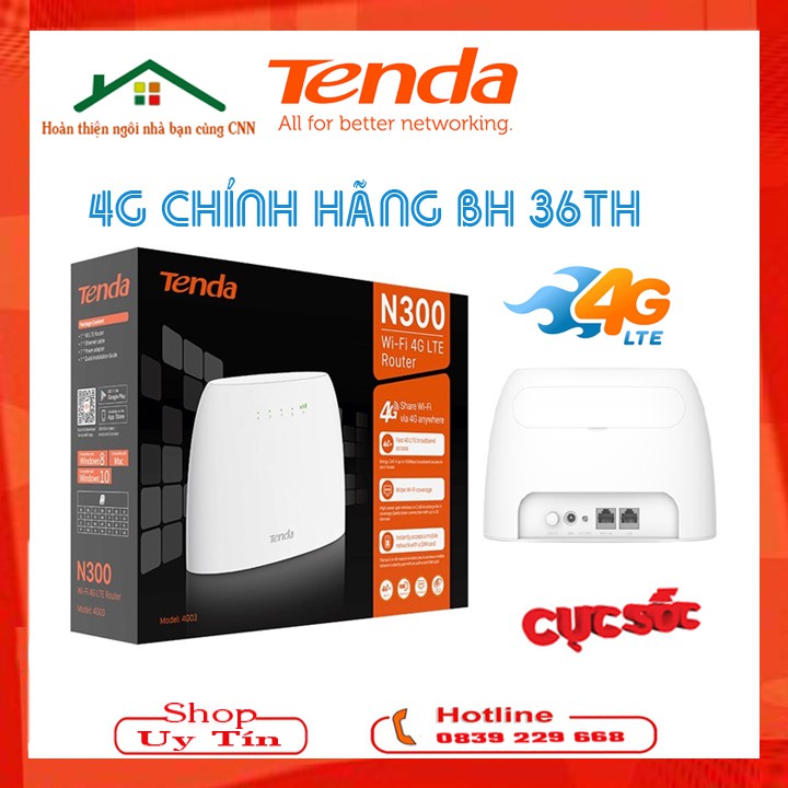 Bộ Phát Wifi 4G LTE Dùng Từ Sim Tenda 4G03 1 LAN - Phát 4G MIXIE 3 Cổng LAN Chuẩn N300Mb ( 4G Huawei ) - Chính Hãng