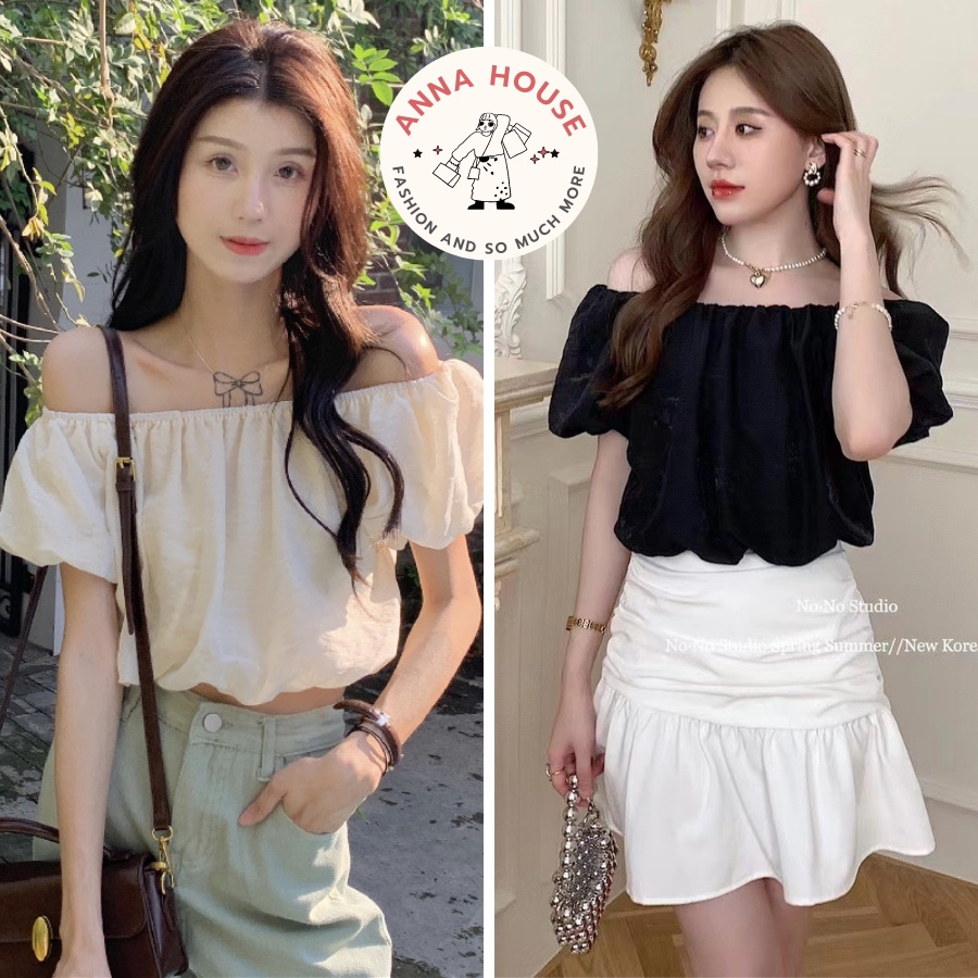 Áo croptop nữ trễ vai cộc tay bồng bo chun babydoll, Áo trễ vai croptop tay tay phồng dáng ngắn bánh bèo đi biển
