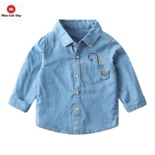 Áo sơ mi jean denim dài tay bé trai cao cấp, áo sơ mi thời trang cho bé trai hình khủng long cho bé 1 tuổi đến 8 tuổi