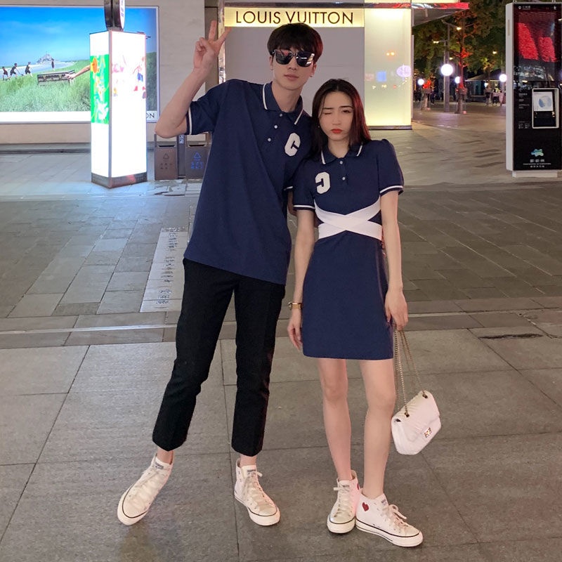 Áo Sơ Mi / Đầm Sơ Mi Thắt Nơ Cổ polo Phong Cách Preppy Mùa Hè Cho Cặp Đôi