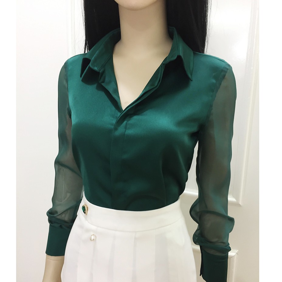 Áo sơ mi nữ màu xanh💖Áo nữ công sở tay voan hàng cao cấp | BigBuy360 - bigbuy360.vn
