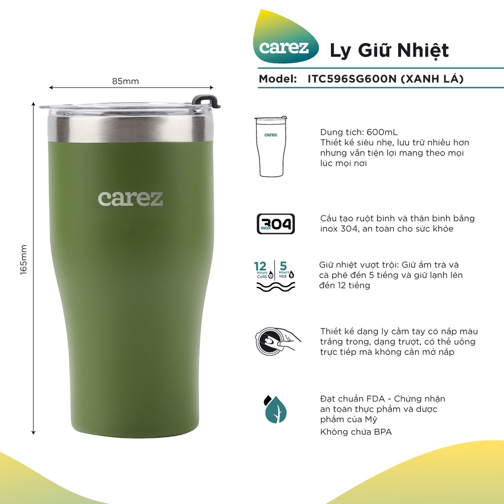 Ly giữ nhiệt Carez ITC596SG600N – Màu Xanh Lá