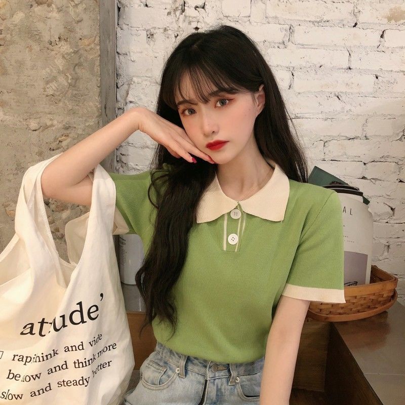 Áo polo dệt kim vải lụa lạnh mỏng tay ngắn phong cách Hàn Quốc cho nữ