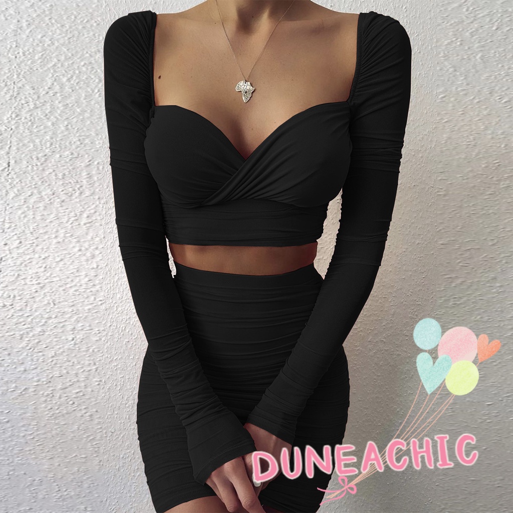 Set Áo Thun Lửng Cổ Vuông Hở Lưng + Chân Váy Ôm 2 Dây Thời Trang Nữ