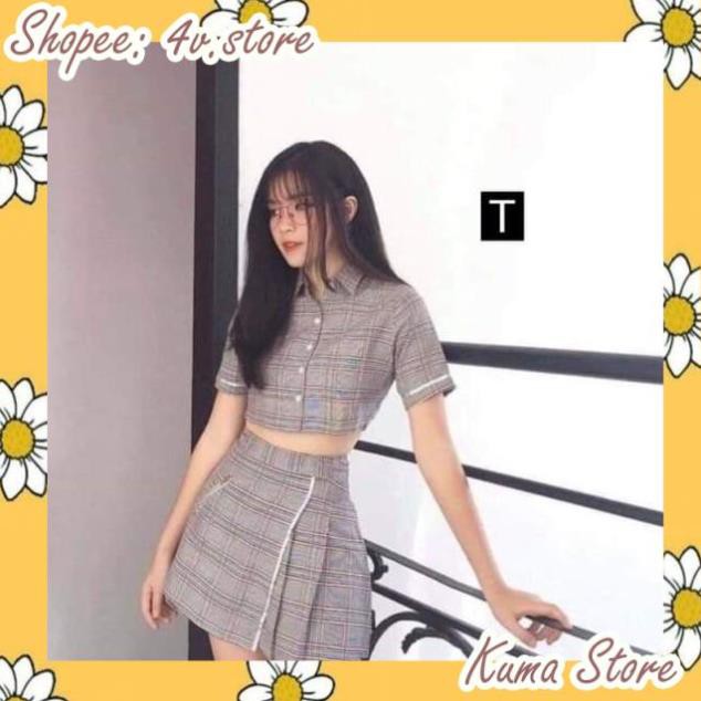 SET ÁO CROPTOP VÁY TENNIS KẺ CARO