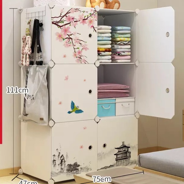 TỦ NHỰA QUẦN ÁO LẮP GHÉP 6 Ô SÂU 47cm. Thân trắng cửa hoa anh đào. Tặng kèm treo đồ.