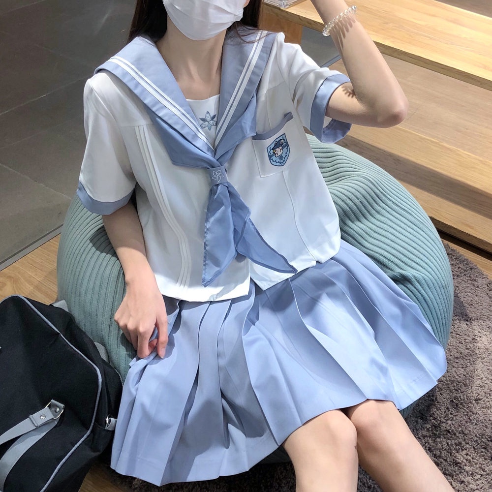 Seifuku/ Set váy đồng phục học sinh Nhật Bản Thanh Thu: áo cổ thủy thủ thêu thỏ + khăn quàng + chân váy xòe