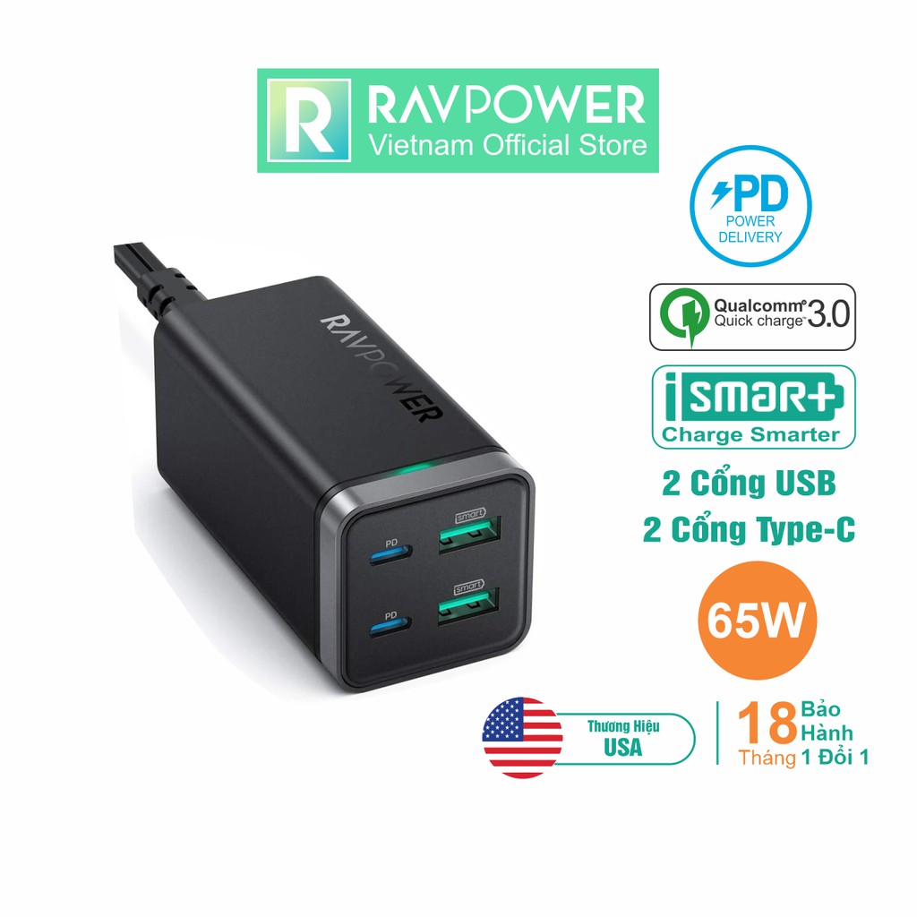 Củ Sạc Điện Thoại RAVPower RP-PC136 2 Cổng USB và 2 Cổng USB Type C PD 65W QC 3.0 - Hàng Chính Hãng