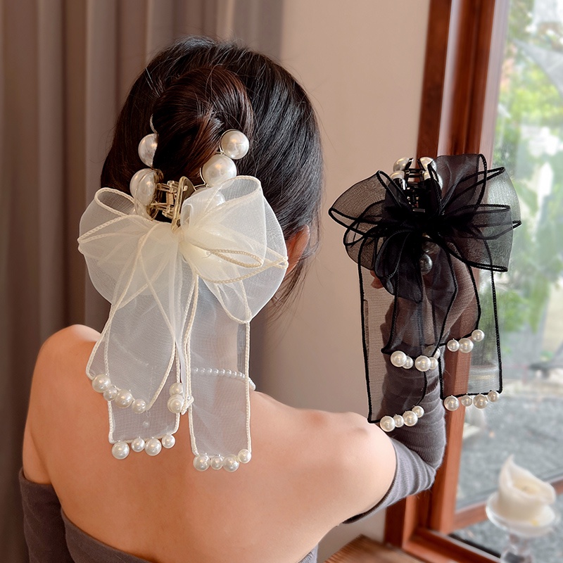 Kẹp Tóc Hình Nơ Đính Ngọc Trai Màu Đen Phong Cách Hàn Quốc Cho Nữ