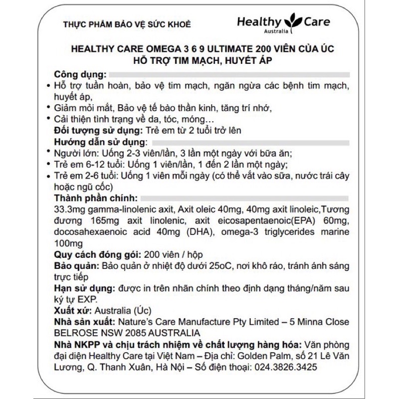 Omega 369 Healthy Care Úc 200 viên