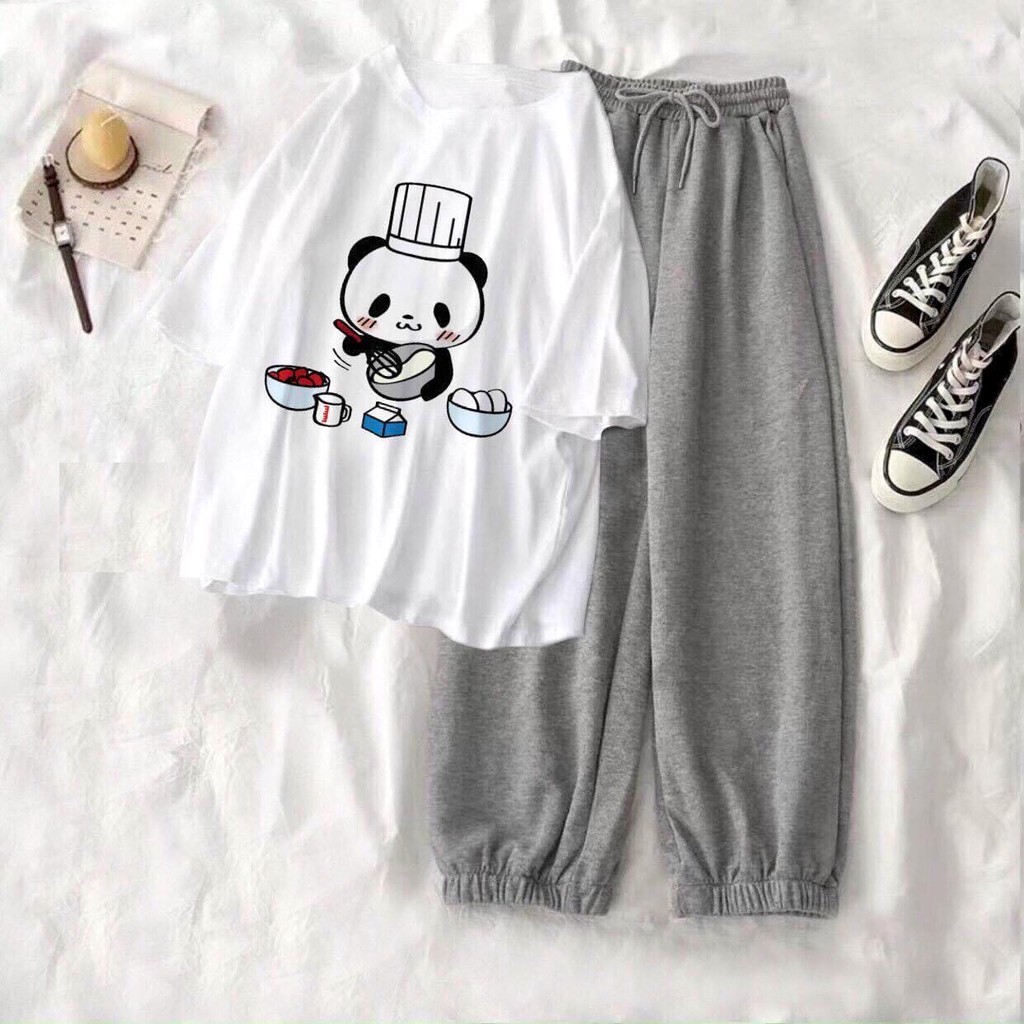 Set chibi ống boom nữ [FREESHIP] Bộ quần thun da cá kèm áo pull hoạt hình gấu panda ulzzang SIÊU ĐẸP