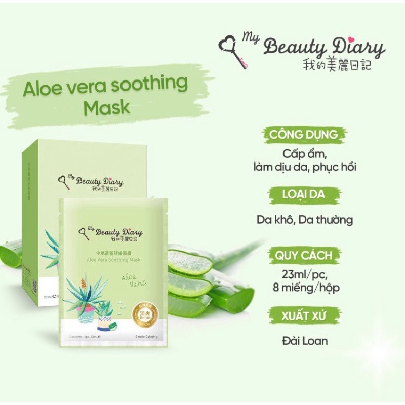 Hộp 8 miếng mặt nạ làm dịu, dưỡng ẩm My Beauty Diary Taiwan Aloe Vera Soothing Mask 23ml/Miếng