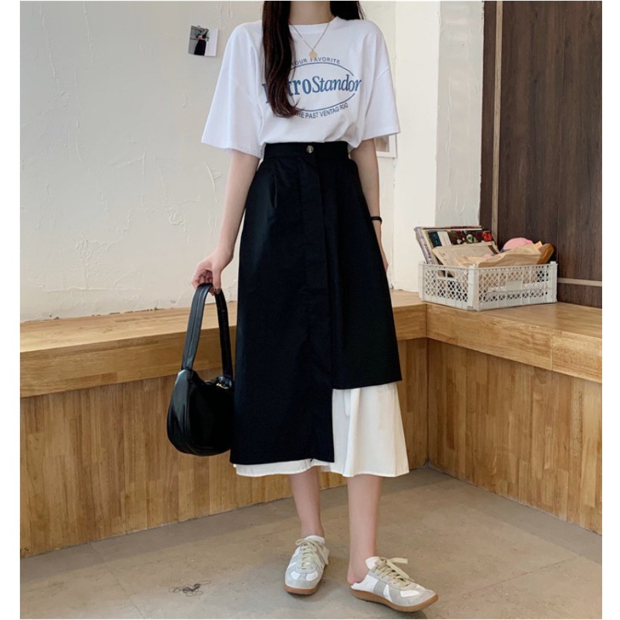 Chân Váy Dài Phối Lệch 2 Màu Đen Trắng, Dáng Ulzzang dài chất liệu đẹp CV009 | BigBuy360 - bigbuy360.vn