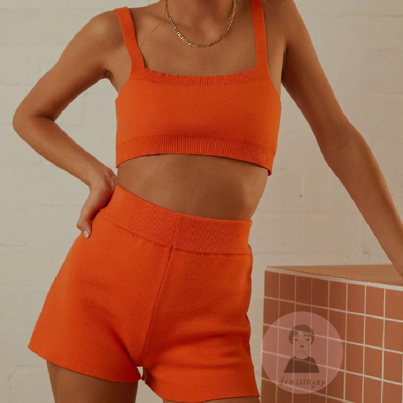 DRE-Women´s Two Pieces Clothes Outfit, Strap Sleeveless Printed Knitted Crop Tank Tops + Elastic Shorts