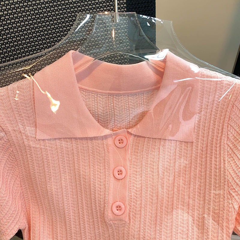 Áo Thun Dệt Kim Tay Ngắn Cổ polo Vải Lụa Lạnh Mỏng Thời Trang Mùa Hè Cho Bạn Gái  tao bao