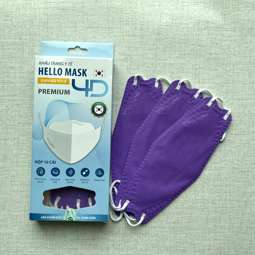 Khẩu trang 4D Hello Mask - Màu tím - Hộp 10 cái | Không lem son | Không bí thở | Ngăn ngừa khói bụi
