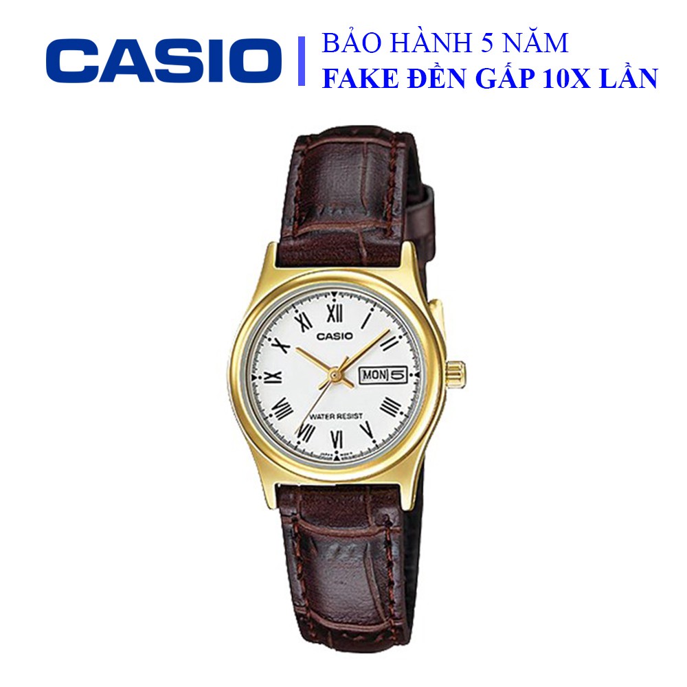 Đồng hồ Casio nữ dây da thể thao, mặt trắng viền vàng sang trọng, chống nước WR30M đi bơi (LTP-V006GL-7BUDF)