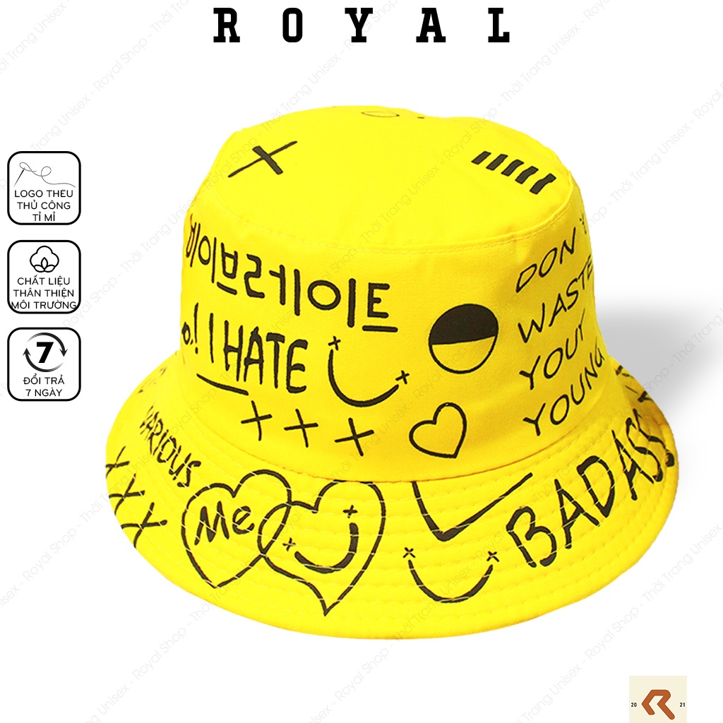 Mũ Bucket Nón Bucket Tai Bèo Nam Nữ Graffiti Xo Badass Don't Waste Young Đen Vải Kaki Unisex - Royal Caps
