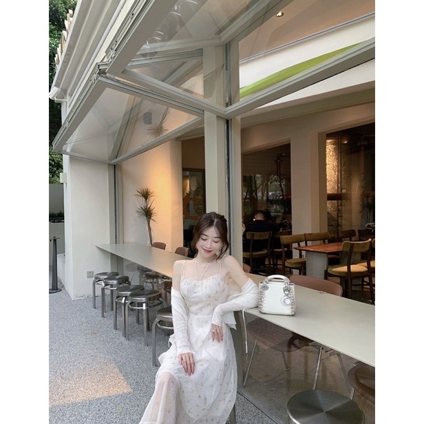 SET ĐẦM MIDI HOA XẾP NGỰC + ÁO KHOÁC TAY DÀI VOAN TRẮNG MS191
