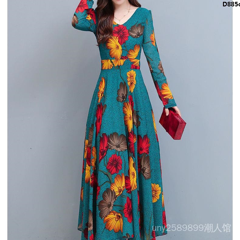Đầm Dáng Dài In Họa Tiết Thời Trang Sang Trọng Cho Phụ Nữ Trung Niên
