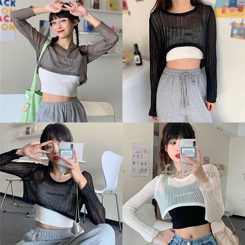 Áo thun tay dài dáng rộng thiết kế xuyên thấu mỏng chống nắng cho nữ