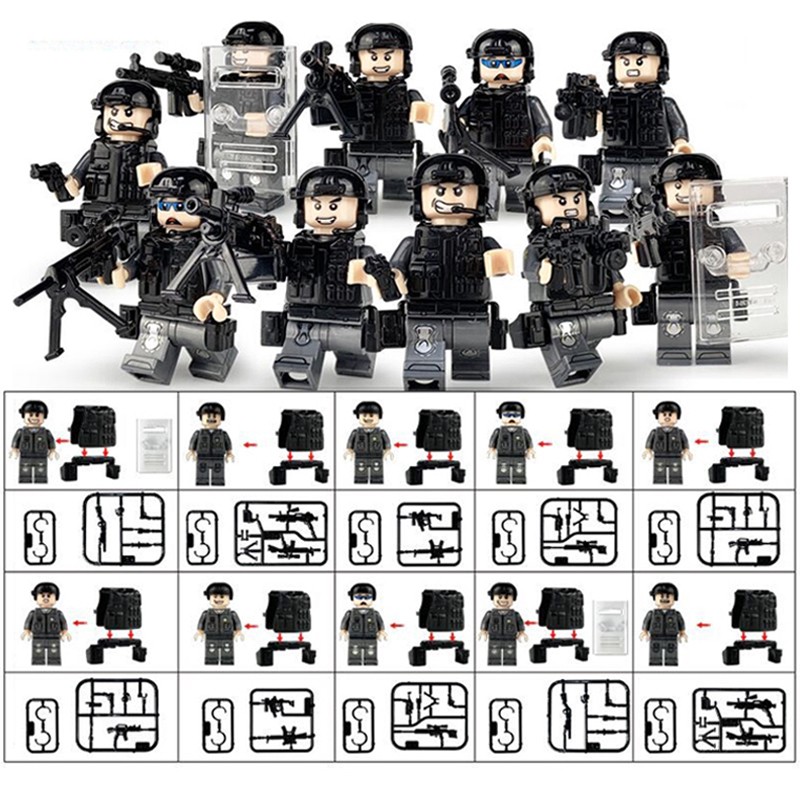 Lego Police SWTA Commando Military Series Phantom Ninja Series Minifigures Cảnh sát Xe mô tô Thuyền cao su Giáo dục trẻ em Hạt nhỏ lắp ráp Khối xây dựng Đồ chơi