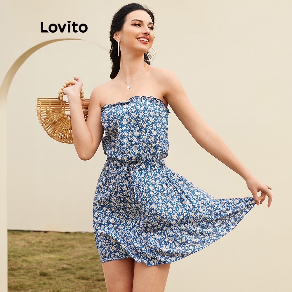 Lovito Đầm dây rút in hoa phong cách Boho L12030