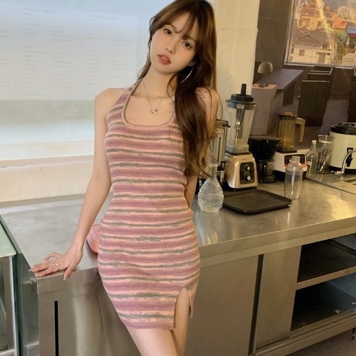 【ZHELIHANGFEI】Đầm Dệt Kim Cổ Yếm Xẻ Tà Kẻ Sọc Quyến Rũ Thời Trang Cho Nữ