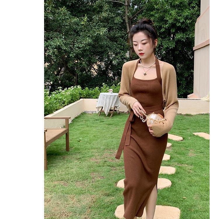 Bộ Áo Khoác Cardigan + Đầm Dệt Kim Hai Dây Ôm Dáng Phong Cách Retro Hong Kong Thời Trang Mùa Thu Cho Nữ 2021