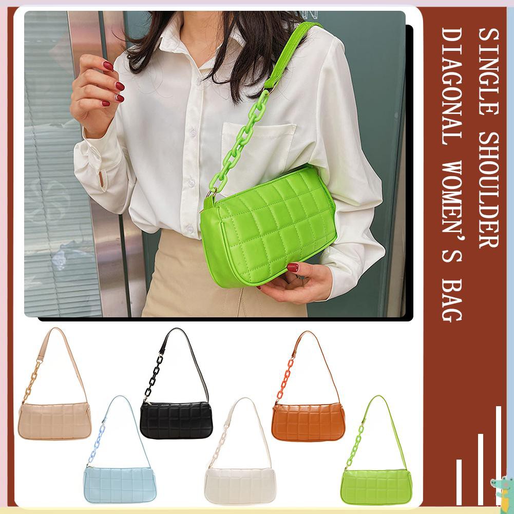 Ready Retro Women Plaid Pattern Pure Color PU Shoulder Underarm Bag Chain Handbag