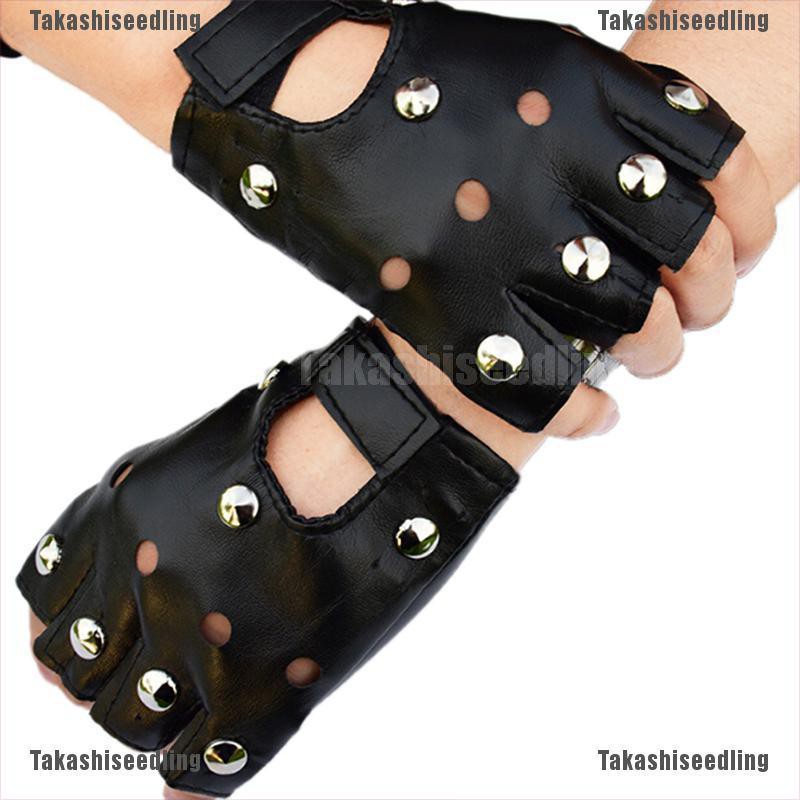 Găng tay da ngắn nửa ngón phối đinh tán thời trang cá tính